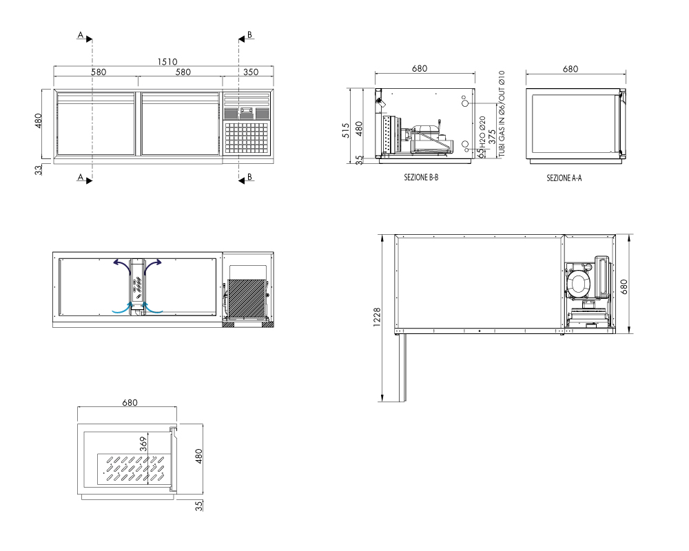 Getränkekühltisch AT, 2 Türen, H 480 × T 680 mm, steckerfertig – technische Zeichnung
