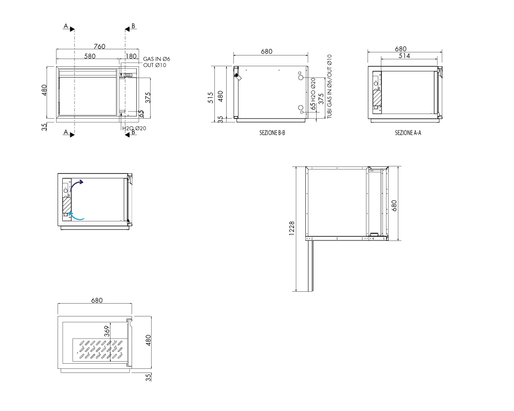 Getränkekühltisch AT, 1 Tür, H 480 × T 680 mm, zentralgekühlt – technische Zeichnung