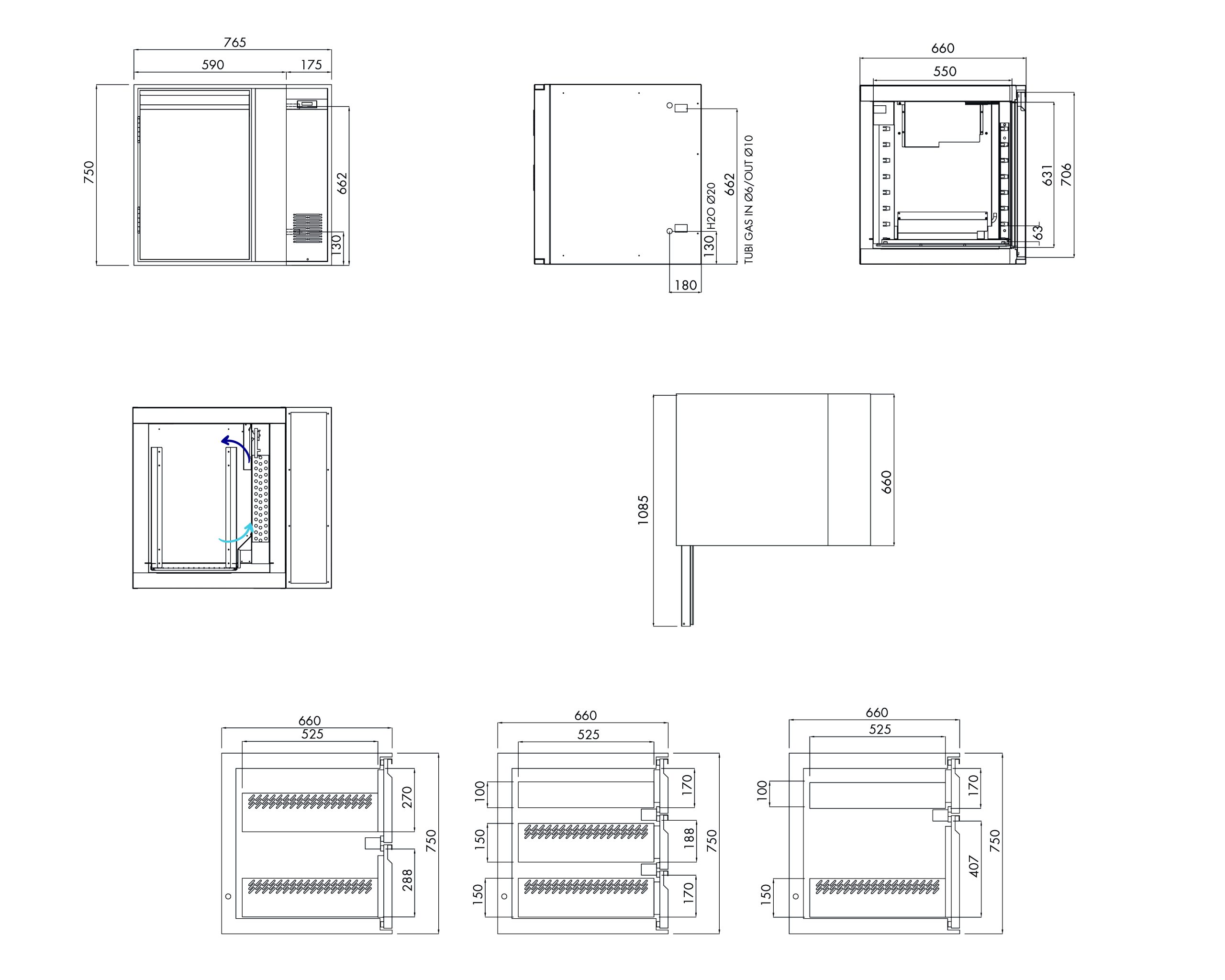 Tiefkühlunterbau GN Premium, 1 Tür, H 750 mm, zentralgekühlt – technische Zeichnung