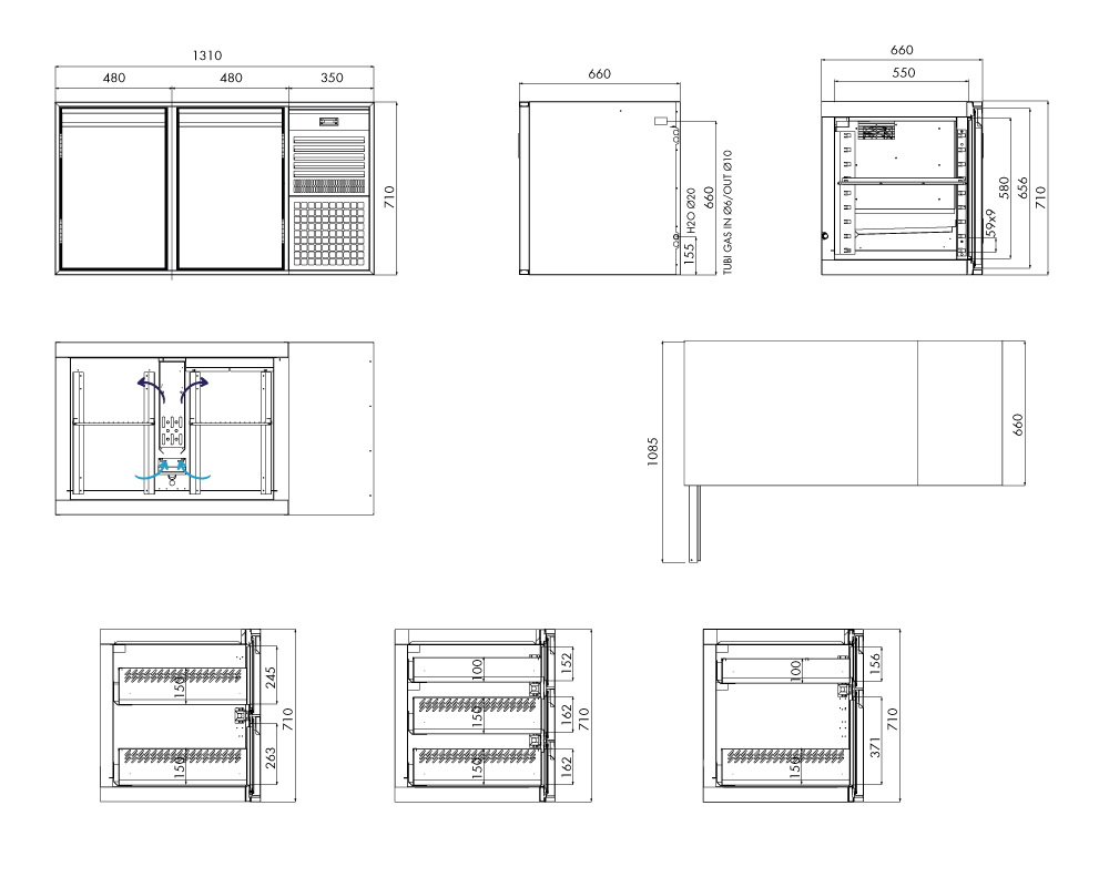 Kühlunterbau GN Premium, 2 Türen, H 710 mm, steckerfertig – technische Zeichnung