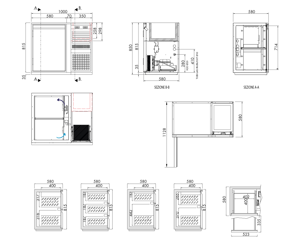 Getränkekühltisch AT, 1 Tür, H 815 × T 580 mm, steckerfertig, mit Flaschenkühlwanne FK6 (460 × 340 × 300 mm) separat gesteuert – technische Zeichnung