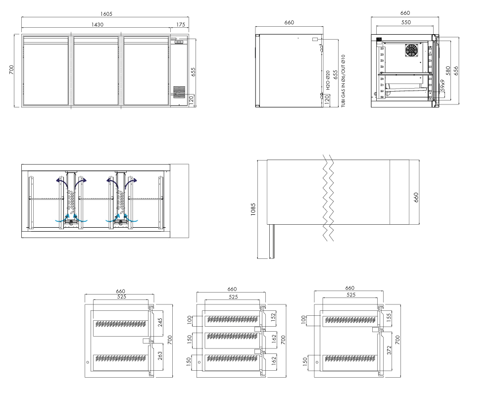 Tiefkühlunterbau GN Premium, 3 Türen, H 700 mm, zentralgekühlt – technische Zeichnung