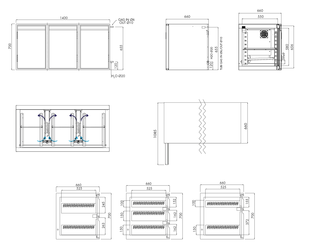 Tiefkühlunterbau GN Premium, 3 Türen, H 700 mm, ohne I-Fach – technische Zeichnung