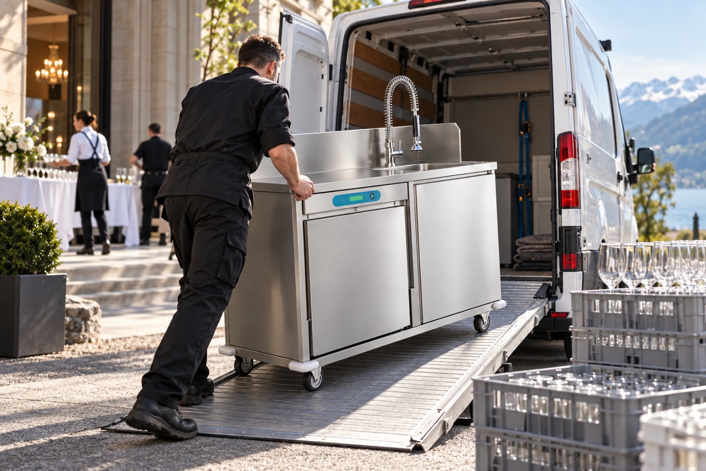 Caterer verlädt ein Spülmobil über die Rampe in den Lieferwagen