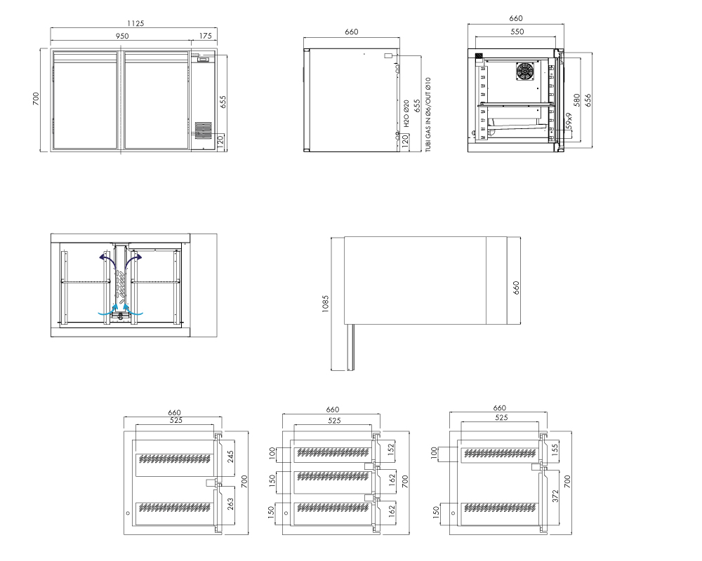 Tiefkühlunterbau GN Premium, 2 Türen, H 700 mm, zentralgekühlt – technische Zeichnung