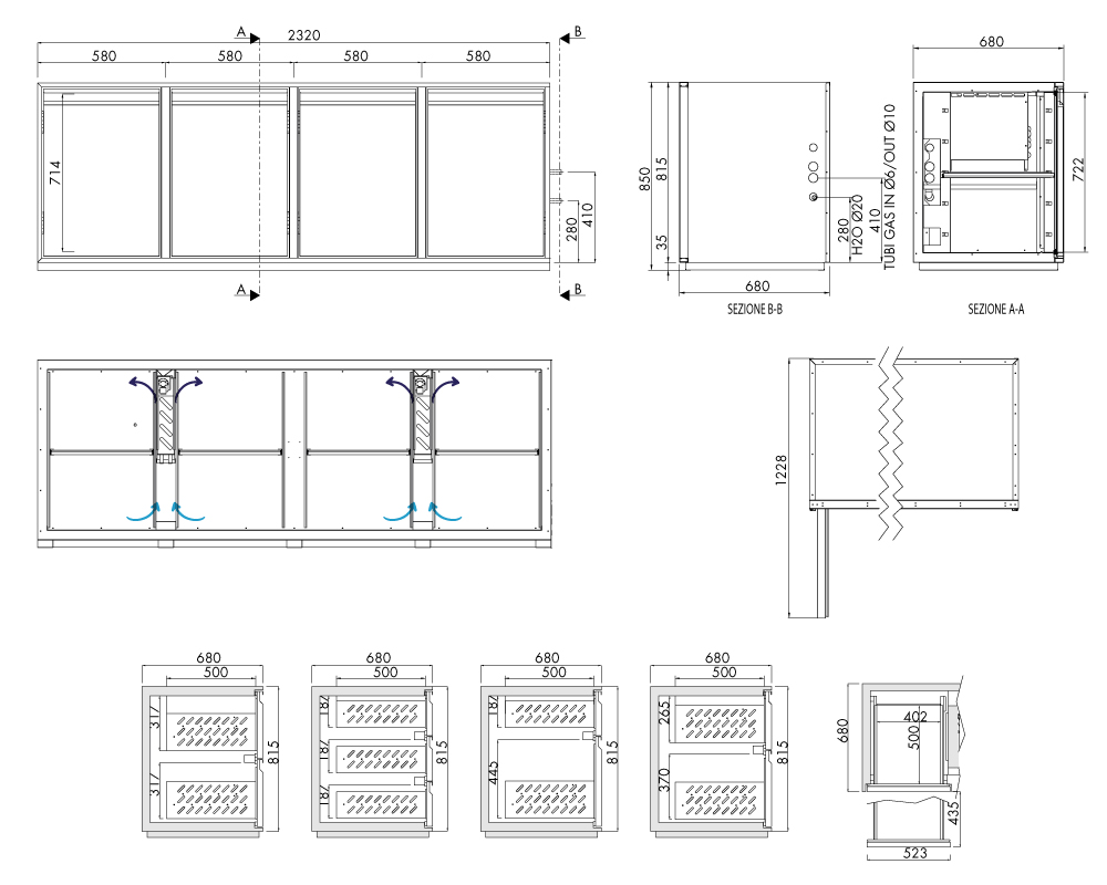 Getränkekühltisch AT, 4 Türen, H 815 × T 680 mm, ohne I-Fach – technische Zeichnung