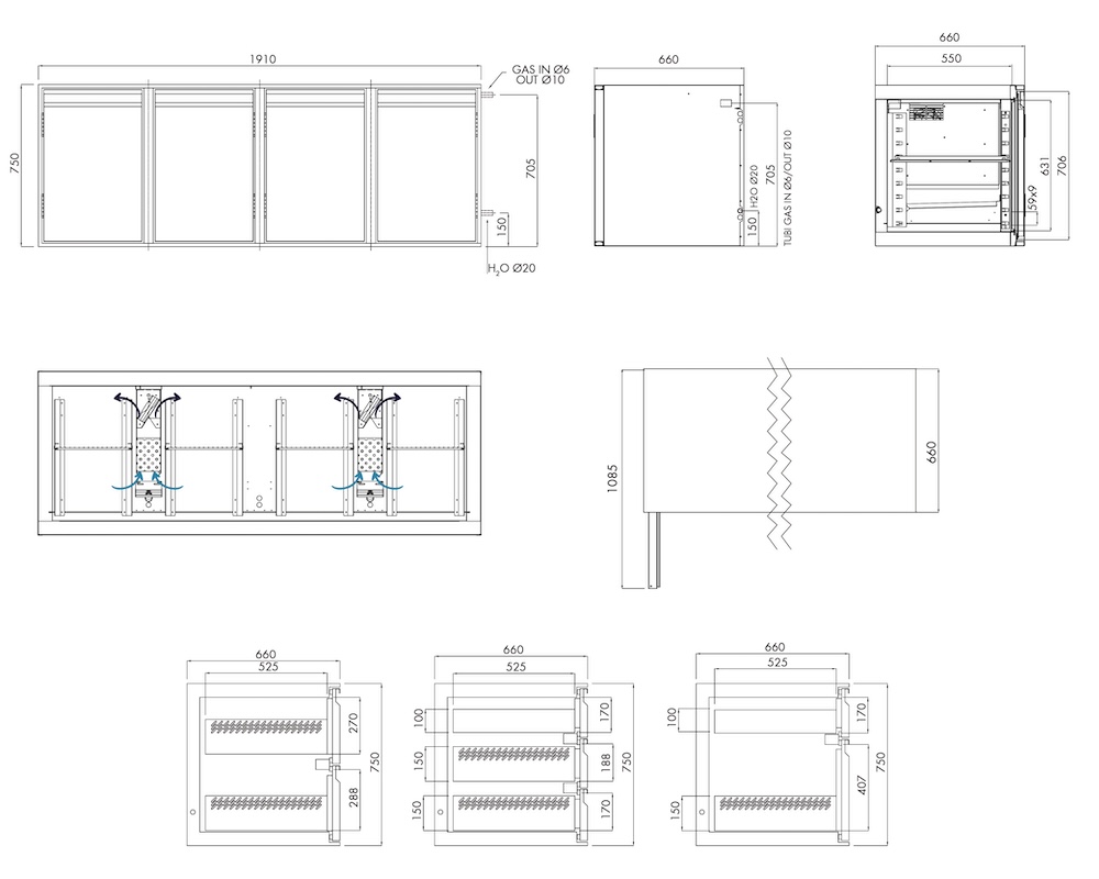 Kühlunterbau GN Premium, 4 Türen, H 750 mm, ohne I-Fach – technische Zeichnung