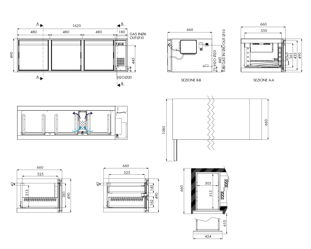 Tiefkühlunterbau GN Premium, 3 Türen, H 490 mm, zentralgekühlt – technische Zeichnung