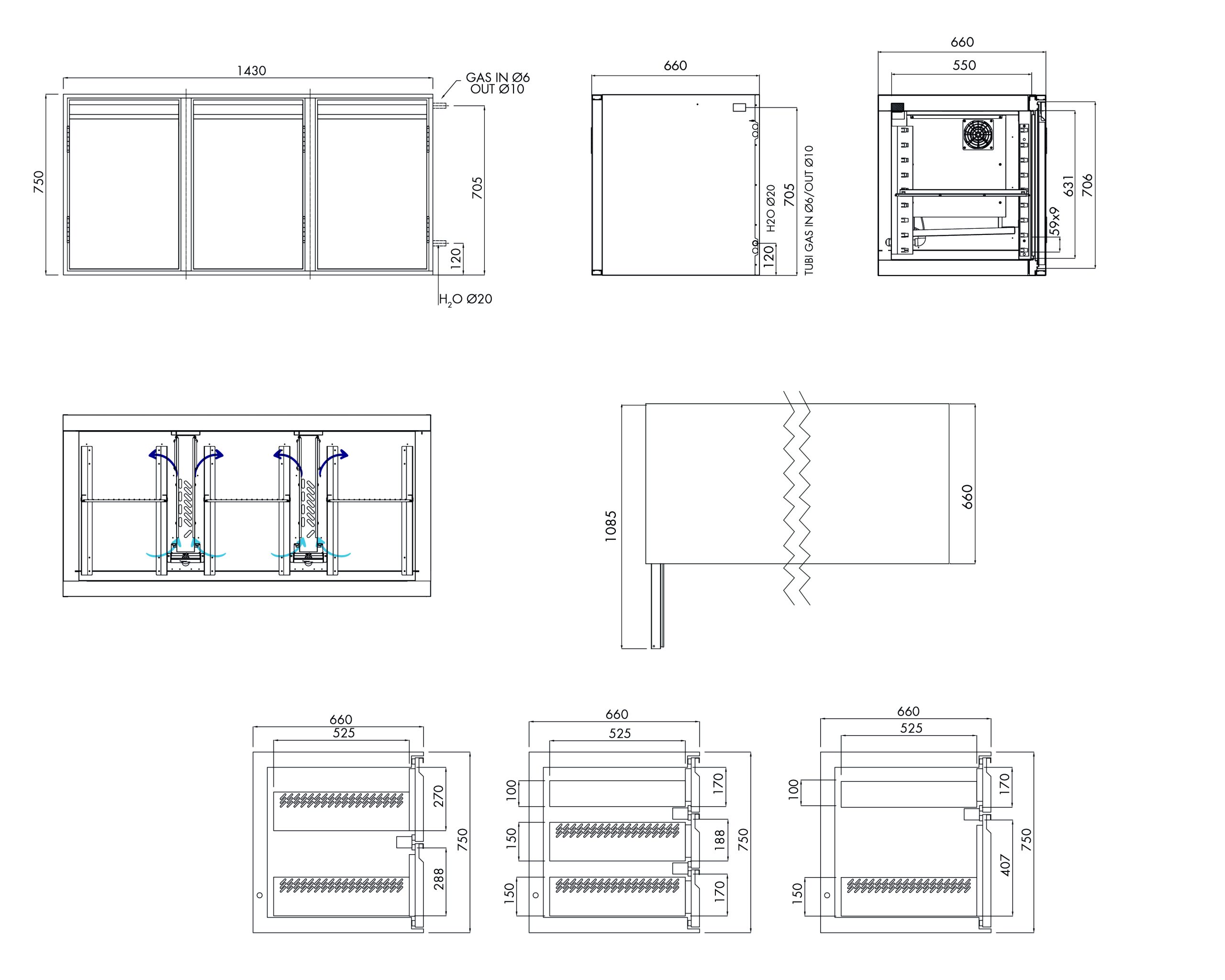 Tiefkühlunterbau GN Premium, 3 Türen, H 750 mm, ohne I-Fach – technische Zeichnung