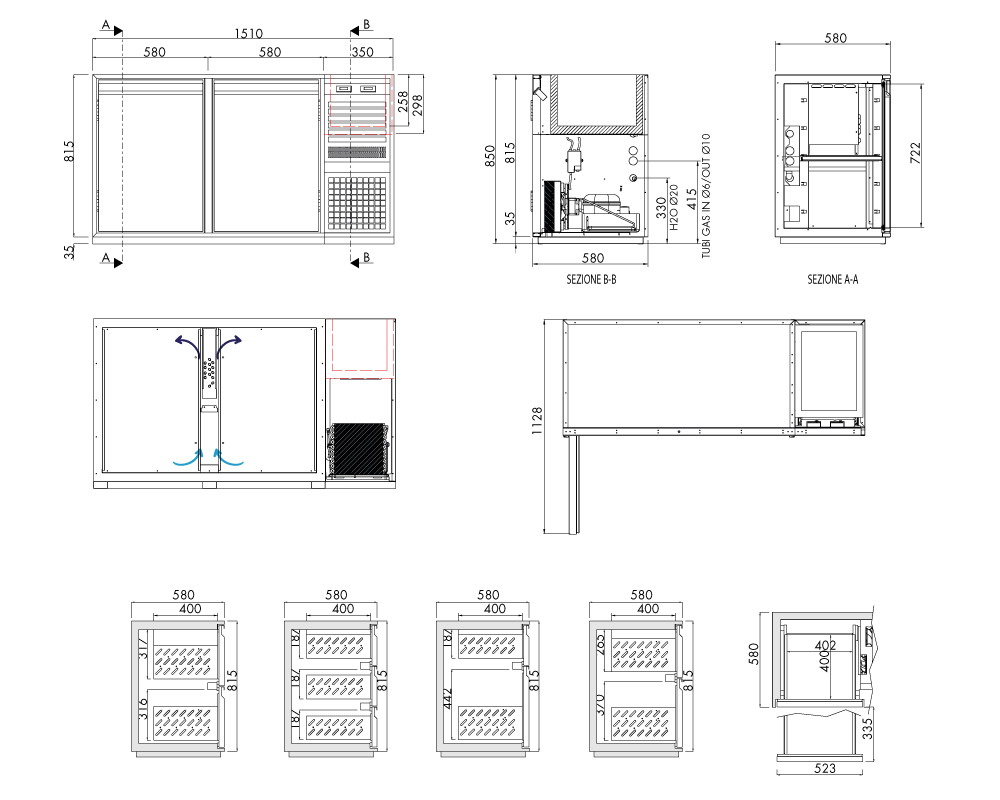 Getränkekühltisch AT, 2 Türen, H 815 × T 580 mm, steckerfertig, mit Flaschenkühlwanne FK6 (460 × 340 × 300 mm) separat gesteuert – technische Zeichnung