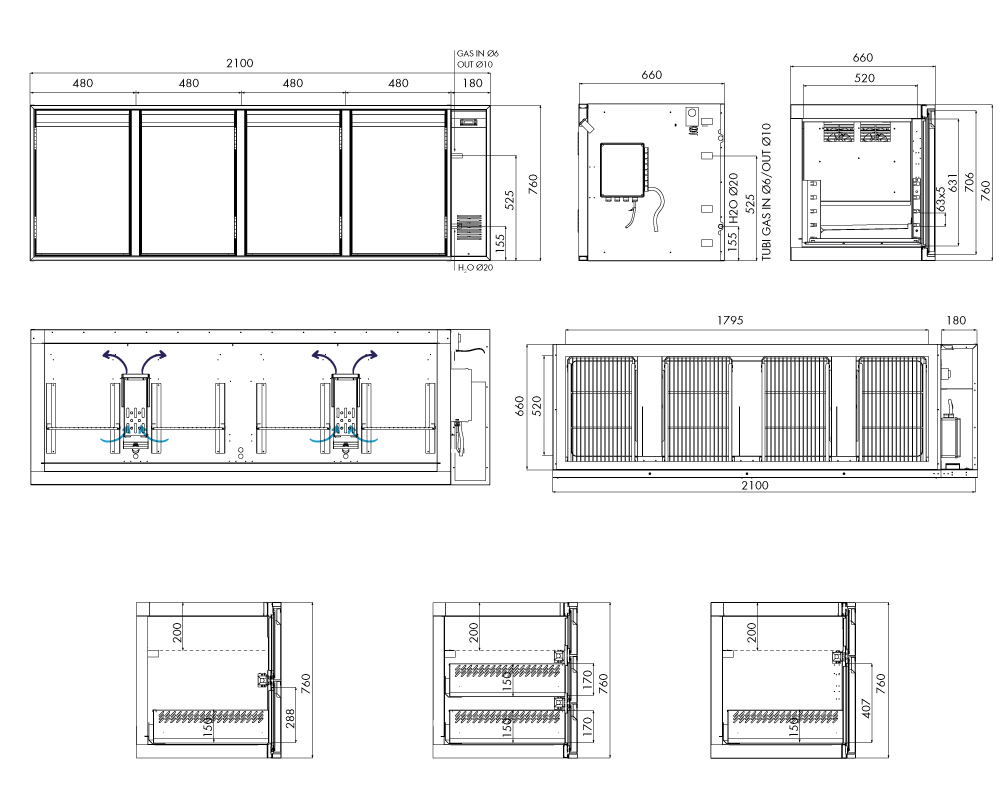Saladette GN Premium, 4 Türen, H 750 mm, zentralgekühlt – technische Zeichnung