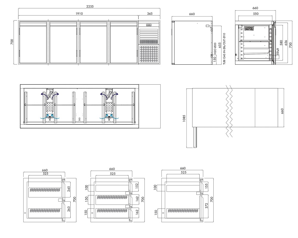 Kühlunterbau GN Premium, 4 Türen, H 700 mm, steckerfertig – technische Zeichnung