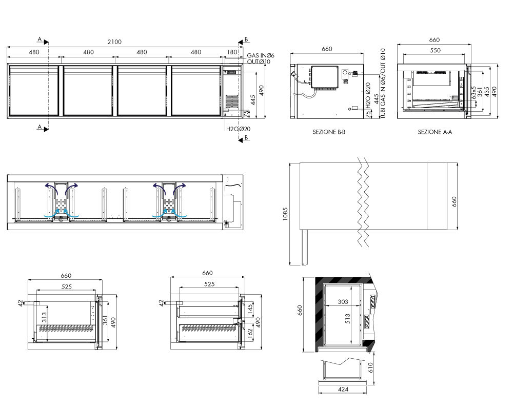 Tiefkühlunterbau GN Premium, 4 Türen, H 490 mm, zentralgekühlt – technische Zeichnung