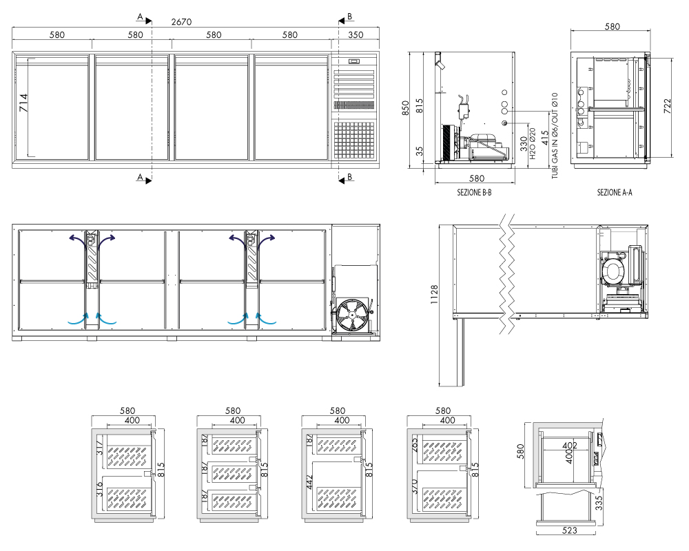 Getränkekühltisch AT, 4 Türen, H 815 × T 580 mm, steckerfertig – technische Zeichnung