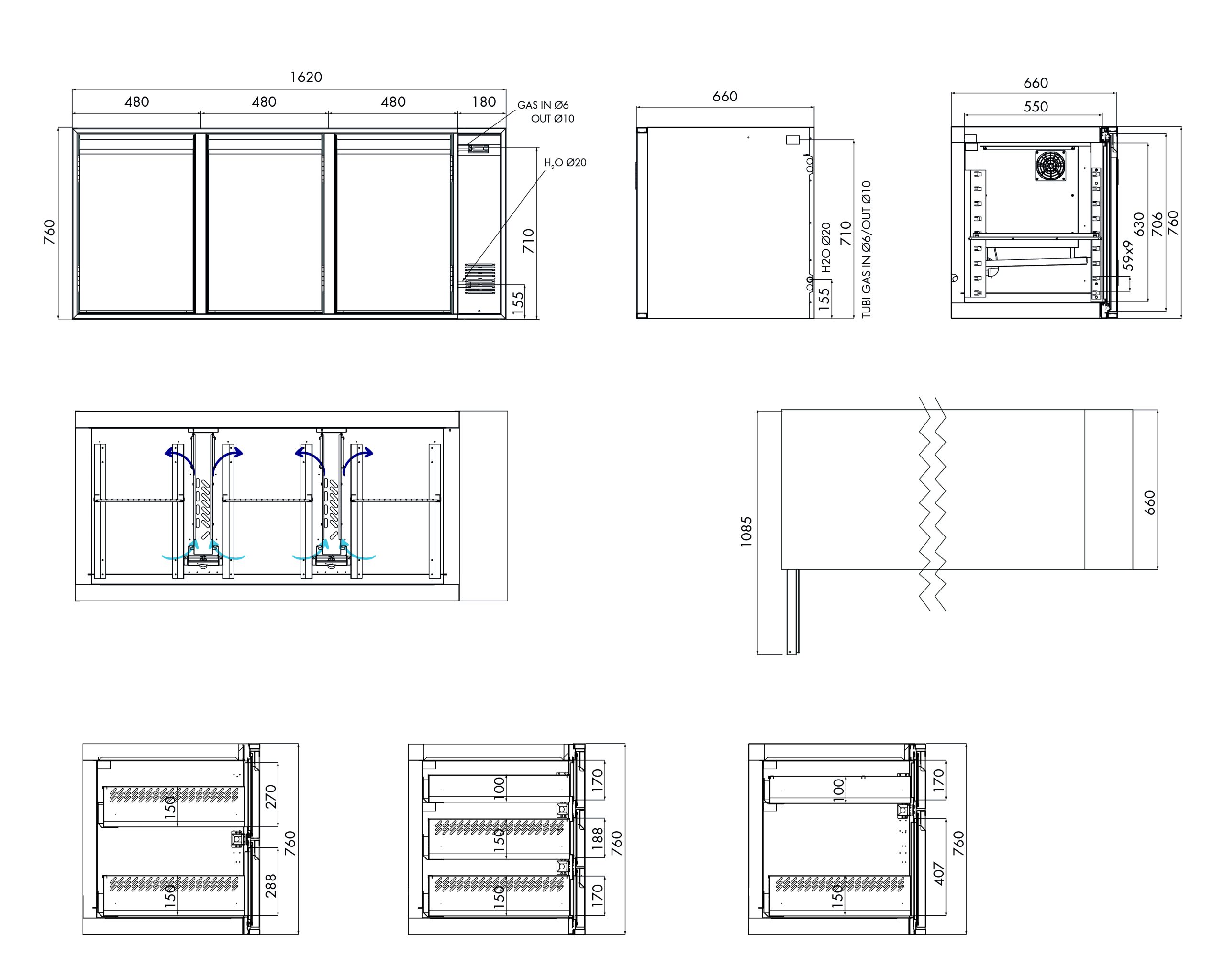 Tiefkühlunterbau GN Premium, 3 Türen, H 760 mm, zentralgekühlt – technische Zeichnung