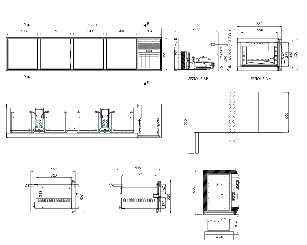 Tiefkühlunterbau GN Premium, 4 Türen, H 520 mm, steckerfertig – technische Zeichnung