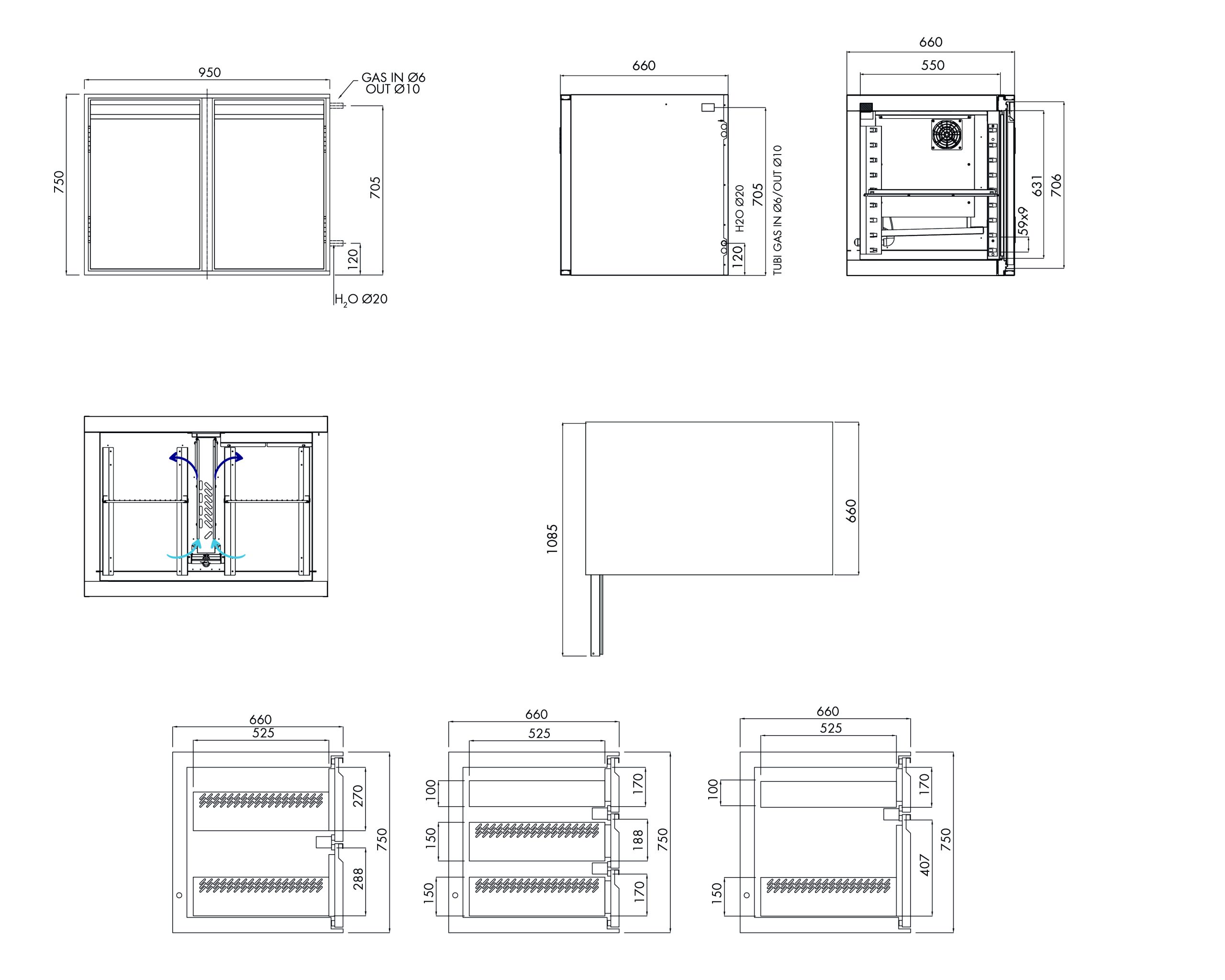 Tiefkühlunterbau GN Premium, 2 Türen, H 750 mm, ohne I-Fach – technische Zeichnung