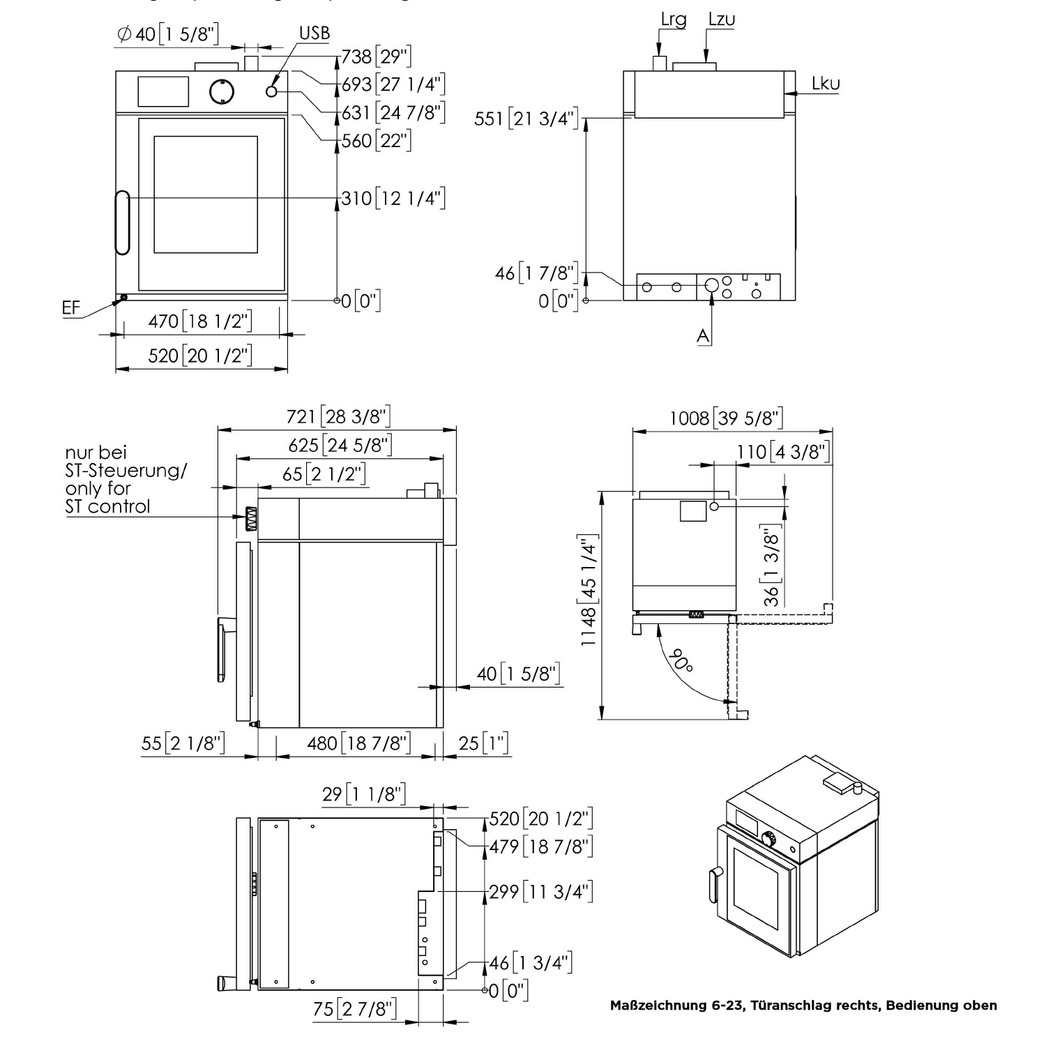 Eloma-Joker-Heissluftdmpfer-6-23-Bedienung Oben-Rechtsanschlag-Frischdampfsystem-Einbau-Edition-Serie-20-technische zeichnung