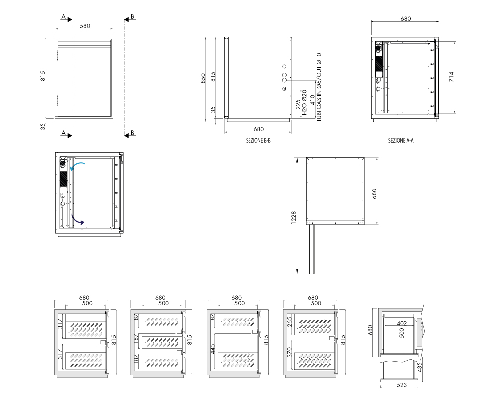 Getränkekühltisch AT, 1 Tür, H 815 × T 680 mm, ohne I-Fach, Breite 580 mm (Verdampfer an der Rückwand) – technische Zeichnung