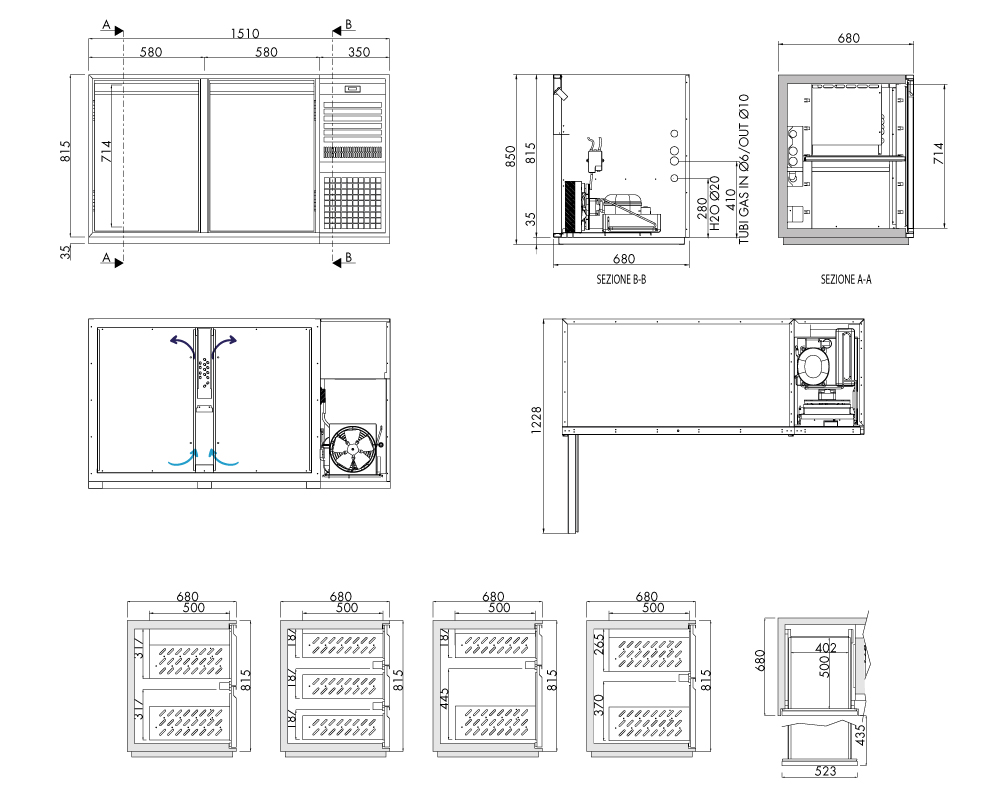 Getränkekühltisch AT, 2 Türen, H 815 × T 680 mm, steckerfertig – technische Zeichnung