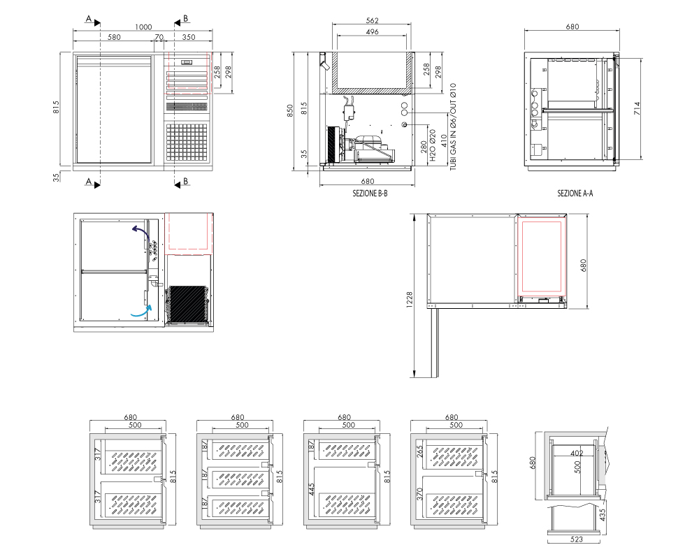 Getränkekühltisch AT, 1 Tür, H 815 × T 680 mm, steckerfertig, mit Flaschenkühlwanne FK8 (560 × 340 × 300 mm) mitgesteuert – technische Zeichnung