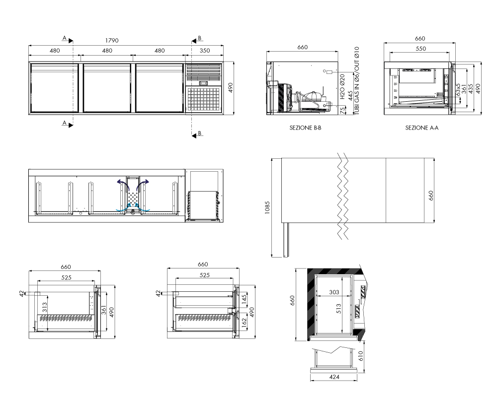 Tiefkühlunterbau GN Premium, 3 Türen, H 490 mm, steckerfertig – technische Zeichnung