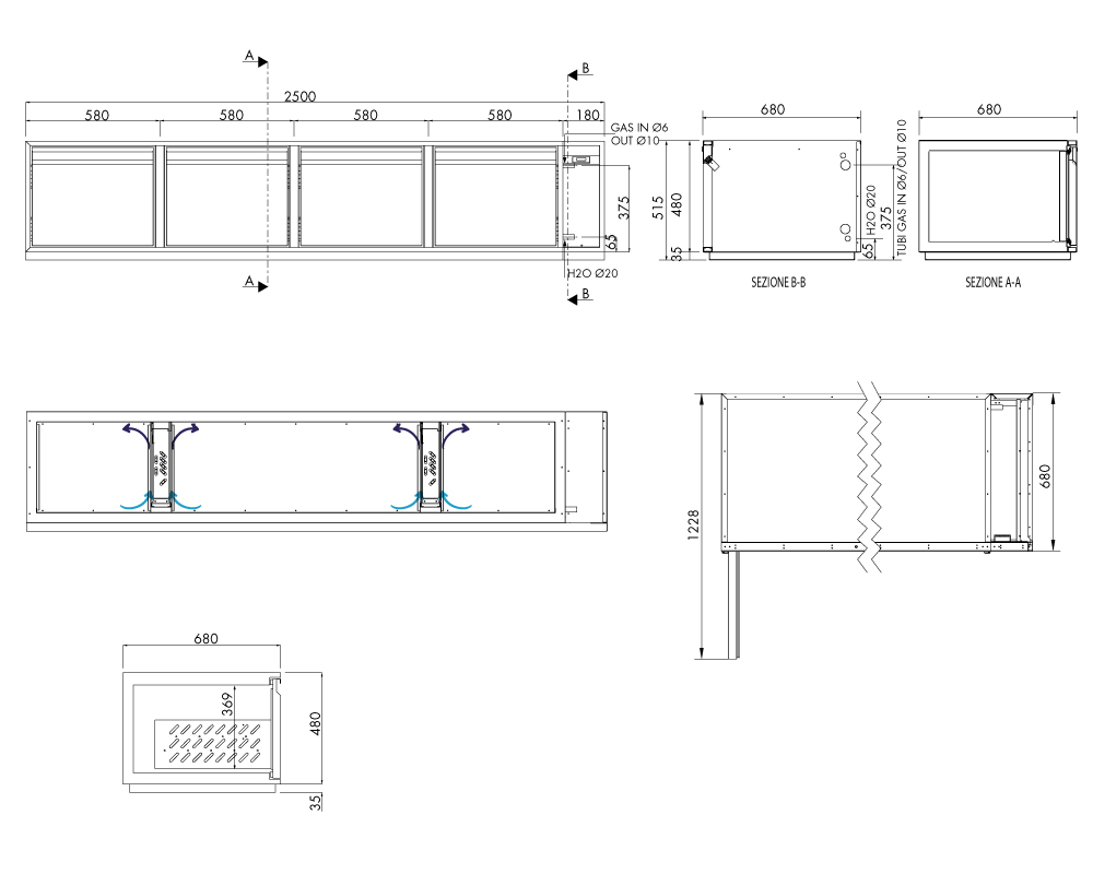 Getränkekühltisch AT, 4 Türen, H 480 × T 680 mm, zentralgekühlt – technische Zeichnung