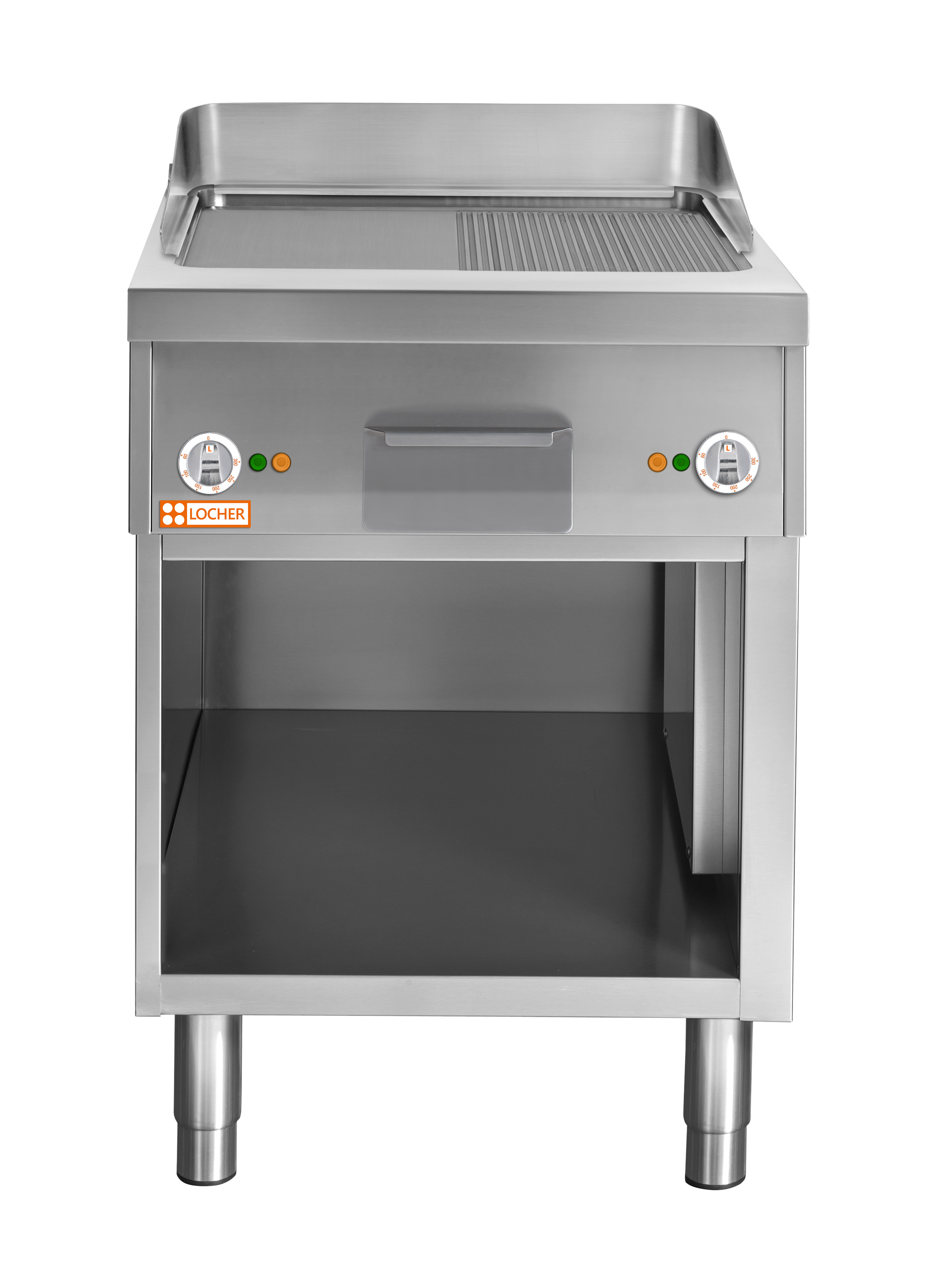 Locher Elektro-Bratplatte Stand 700, 600 mm Stahl halb gerillt