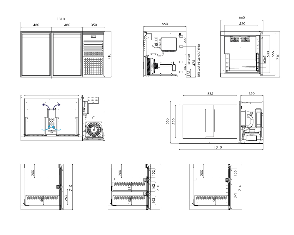 Saladette GN Premium, 2 Türen, H 700 mm, steckerfertig – technische Zeichnung