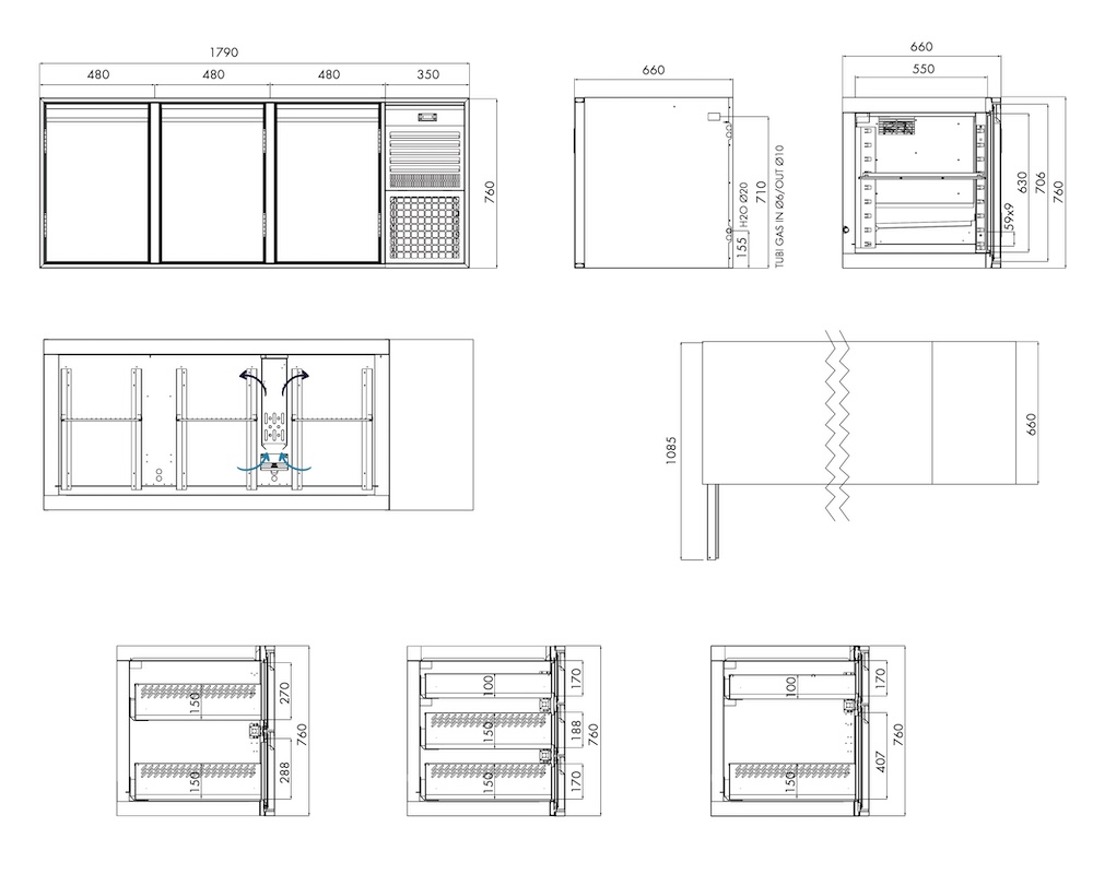 Kühlunterbau GN Premium, 3 Türen, H 760 mm, steckerfertig – technische Zeichnung