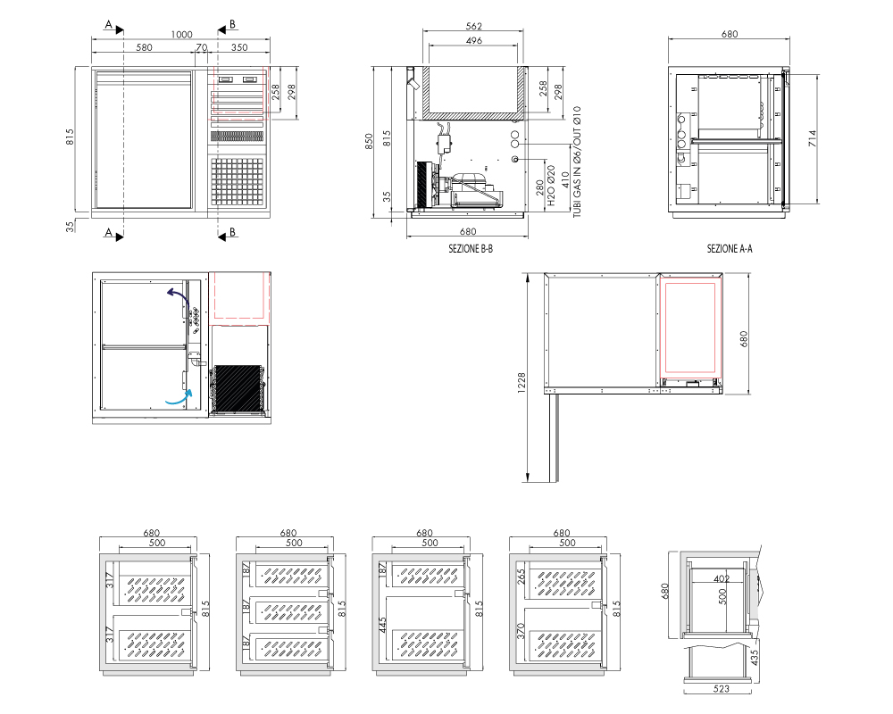 Getränkekühltisch AT, 1 Tür, H 815 × T 680 mm, steckerfertig, mit Flaschenkühlwanne FK8 (560 × 340 × 300 mm) separat gesteuert – technische Zeichnung