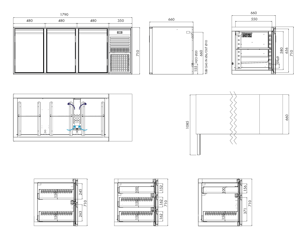 Kühlunterbau GN Premium, 3 Türen, H 710 mm, steckerfertig – technische Zeichnung