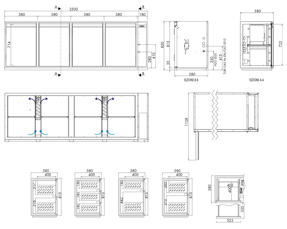 Getränkekühltisch AT, 4 Türen, H 815 × T 580 mm, zentralgekühlt – technische Zeichnung