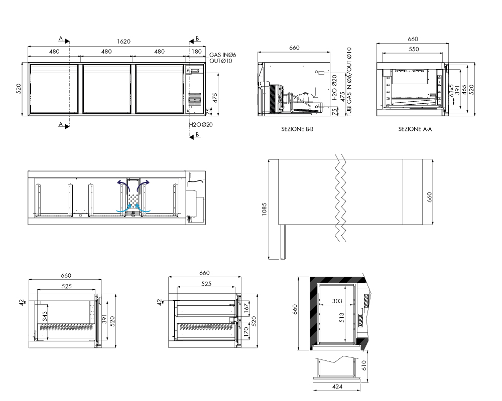 Tiefkühlunterbau GN Premium, 3 Türen, H 520 mm, zentralgekühlt – technische Zeichnung