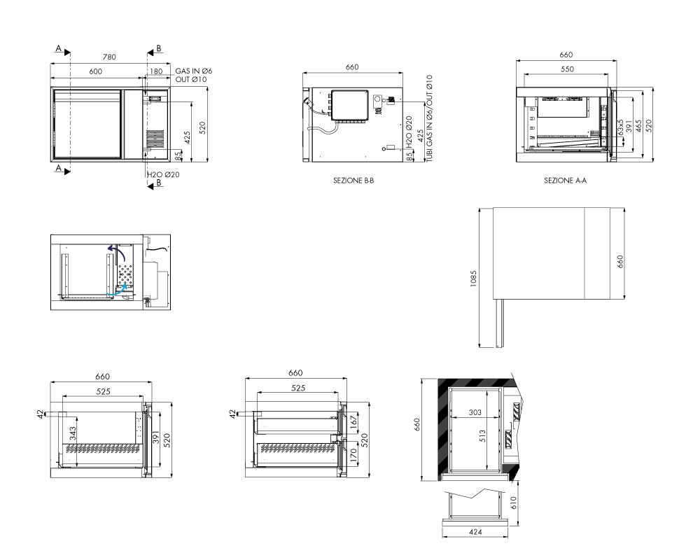 Tiefkühlunterbau GN Premium, 1 Tür, H 520 mm, zentralgekühlt – technische Zeichnung
