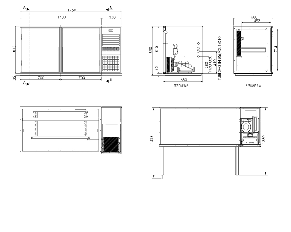 Fasskühltisch AT, 2 Fächer, H 815 × T 680 mm, steckerfertig – technische Zeichnung