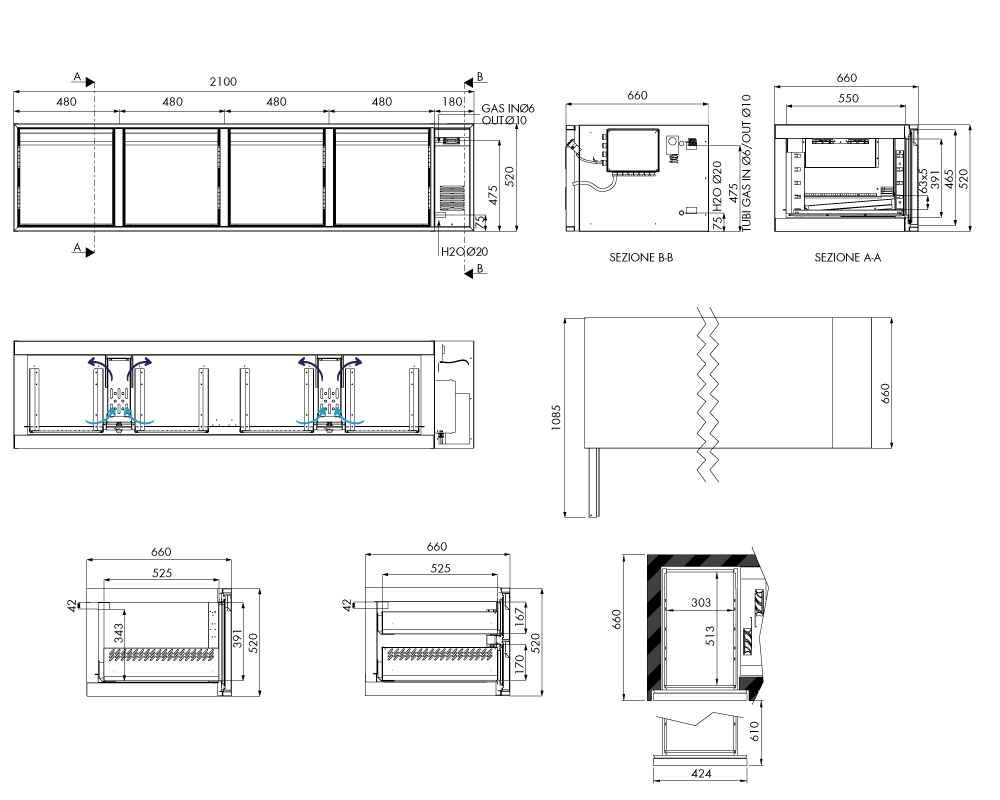 Tiefkühlunterbau GN Premium, 4 Türen, H 520 mm, zentralgekühlt – technische Zeichnung