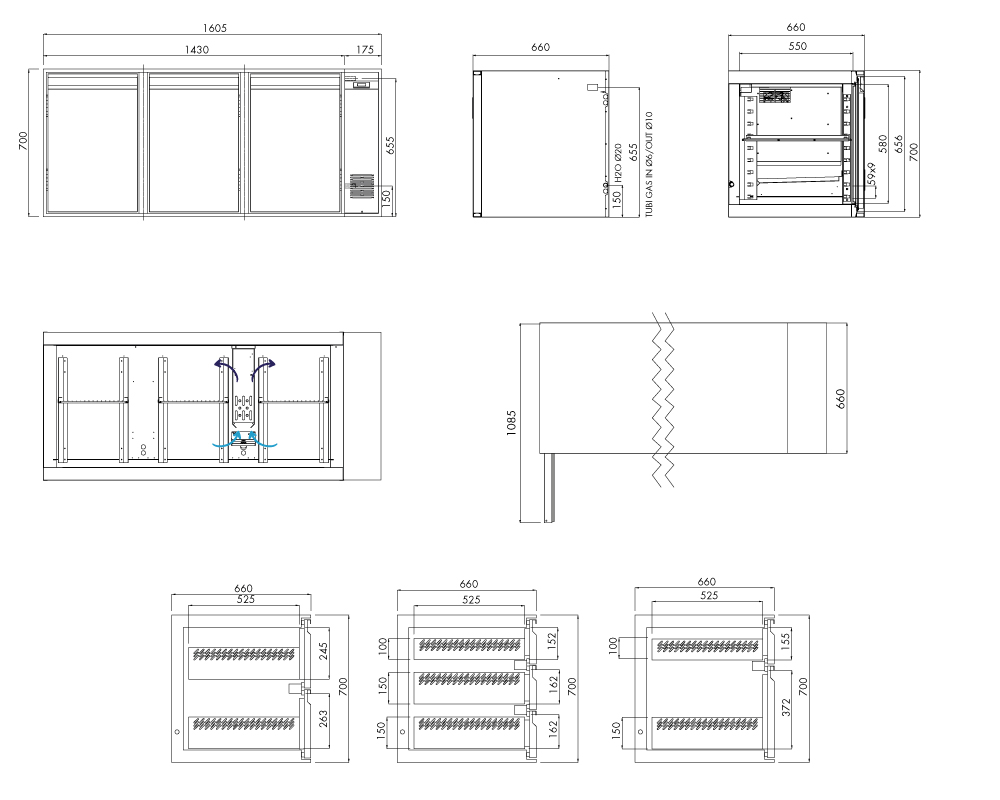 Kühlunterbau GN Premium, 3 Türen, H 700 mm, zentralgekühlt – technische Zeichnung