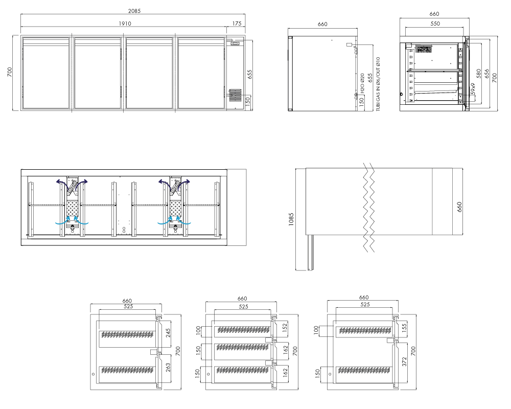 Kühlunterbau GN Premium, 4 Türen, H 700 mm, zentralgekühlt – technische Zeichnung