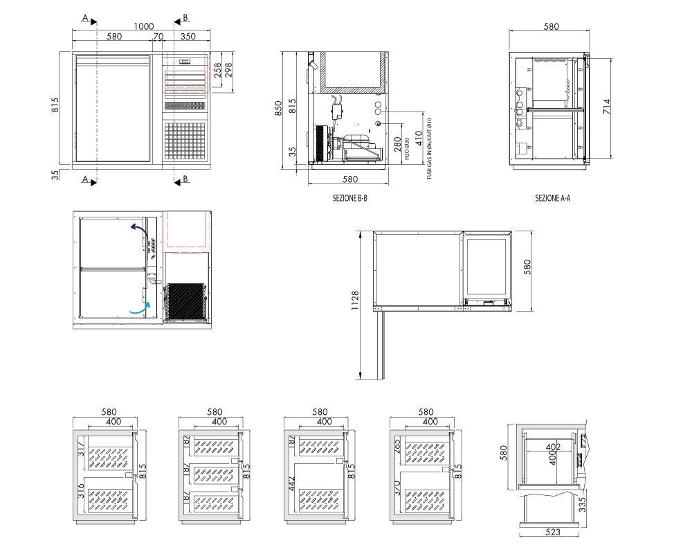 Getränkekühltisch AT, 1 Tür, H 815 × T 580 mm, steckerfertig, mit Flaschenkühlwanne FK6 (460 × 340 × 300 mm) mitgesteuert – technische Zeichnung