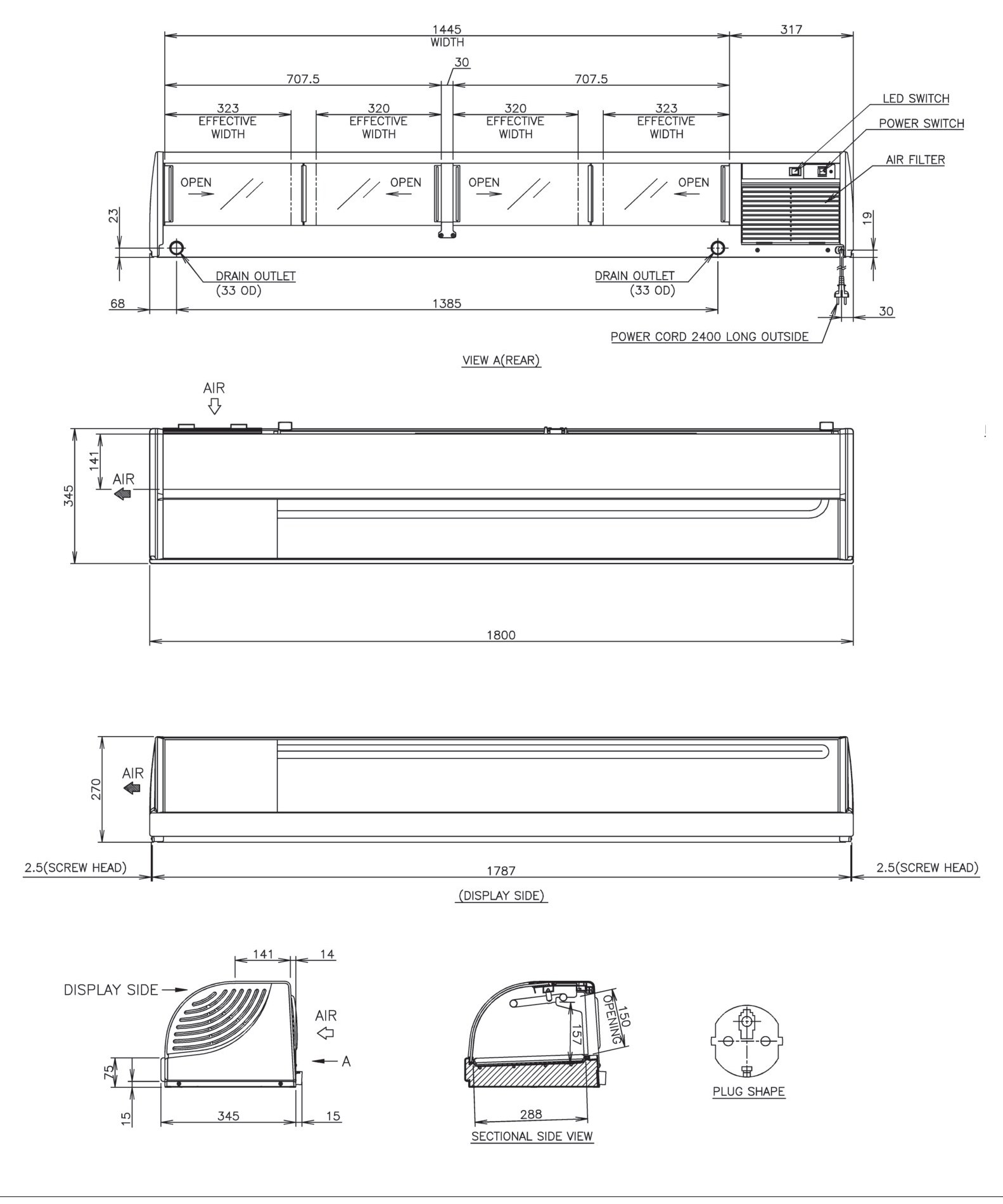 Sushi-Schauvitrine HOSHIZAKI HNC-180BE-L-BLH, 1800 mm breit, LED, Maschinenfach links