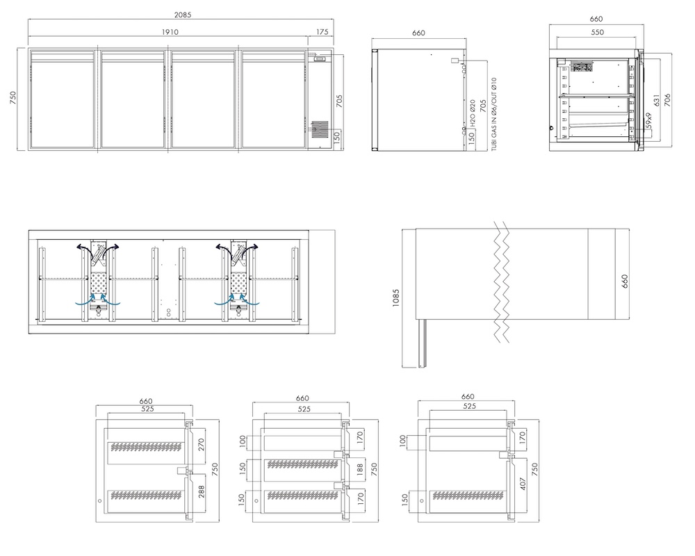Kühlunterbau GN Premium, 4 Türen, H 750 mm, zentralgekühlt – technische Zeichnung