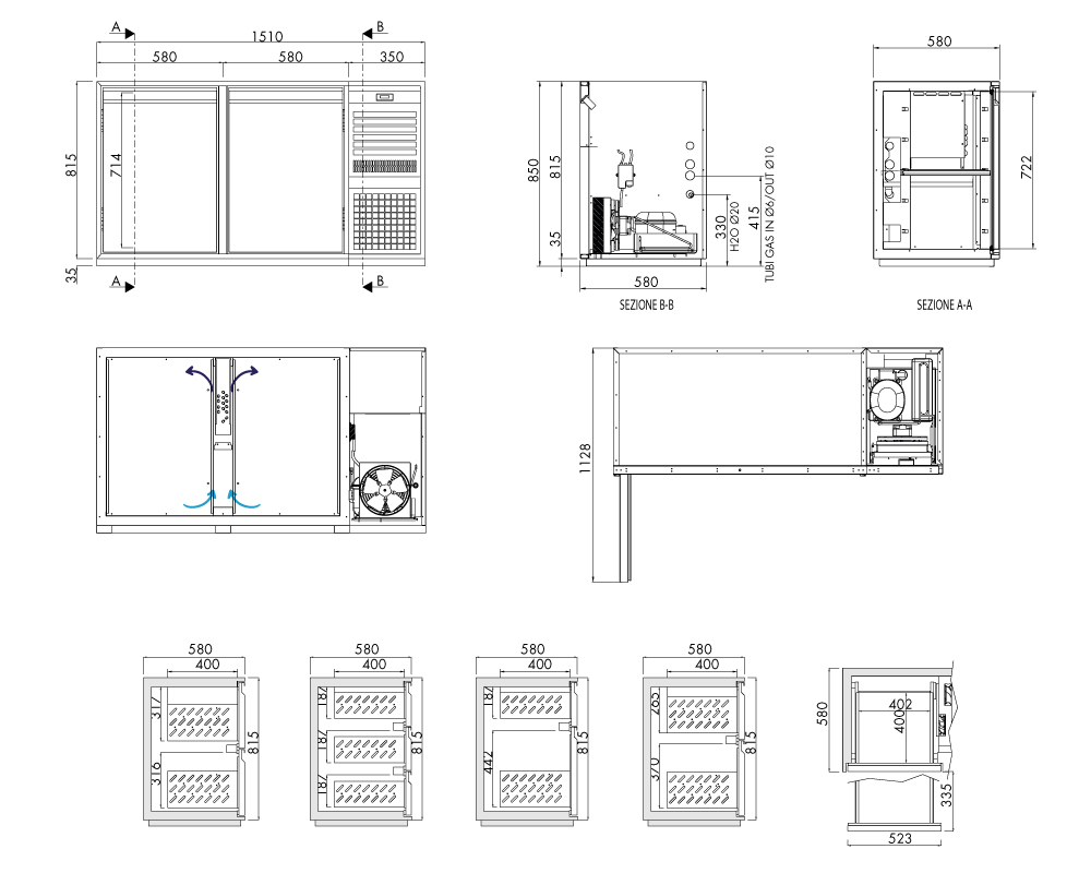Getränkekühltisch AT, 2 Türen, H 815 × T 580 mm, steckerfertig – technische Zeichnung