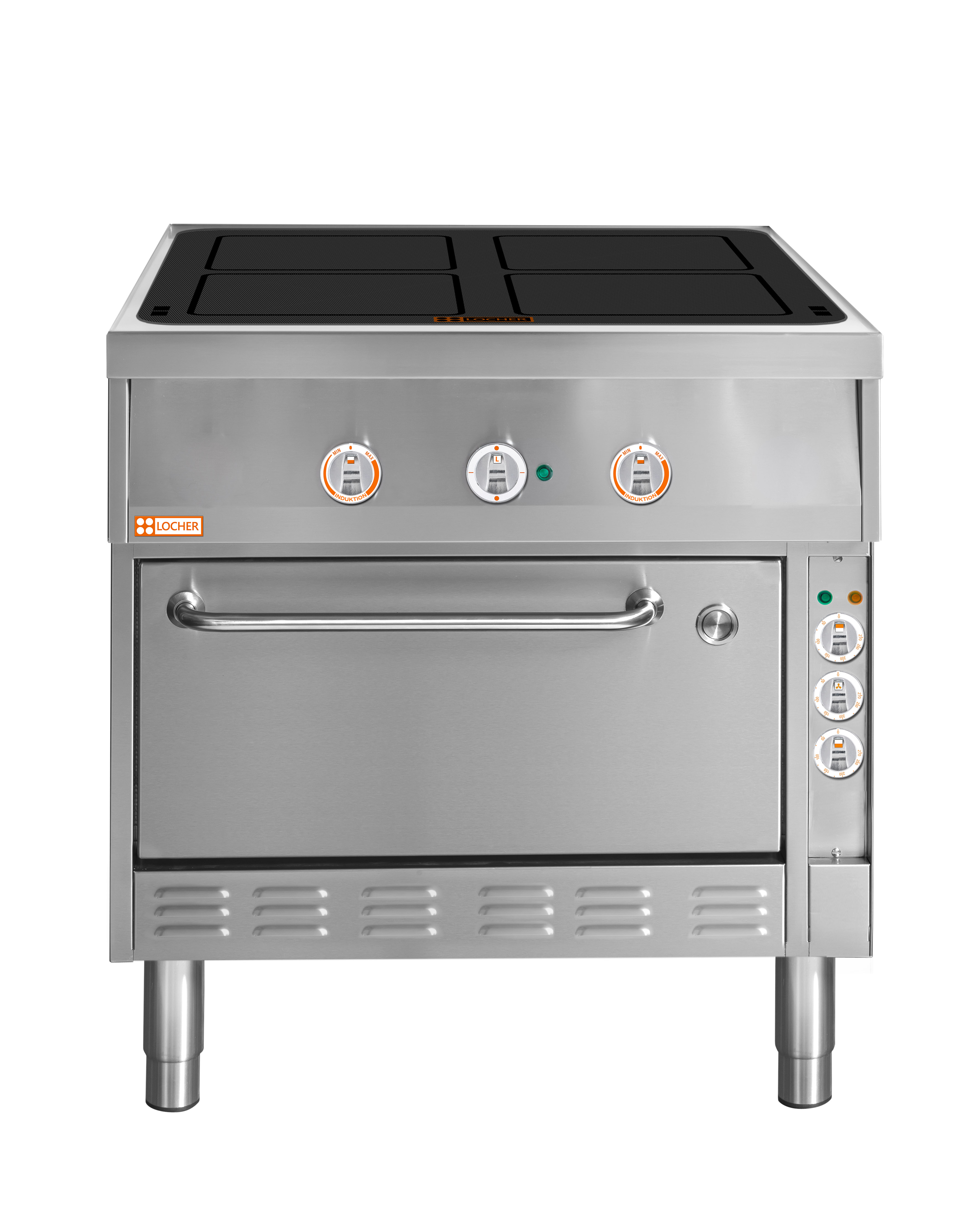 Locher Induktionsherd Stand 900B, 4 Kochstellen à 5 kW mit Brat- und Backofen GN 1 1/2 Umluft