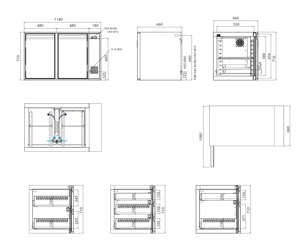 Tiefkühlunterbau GN Premium, 2 Türen, H 710 mm, zentralgekühlt – technische Zeichnung
