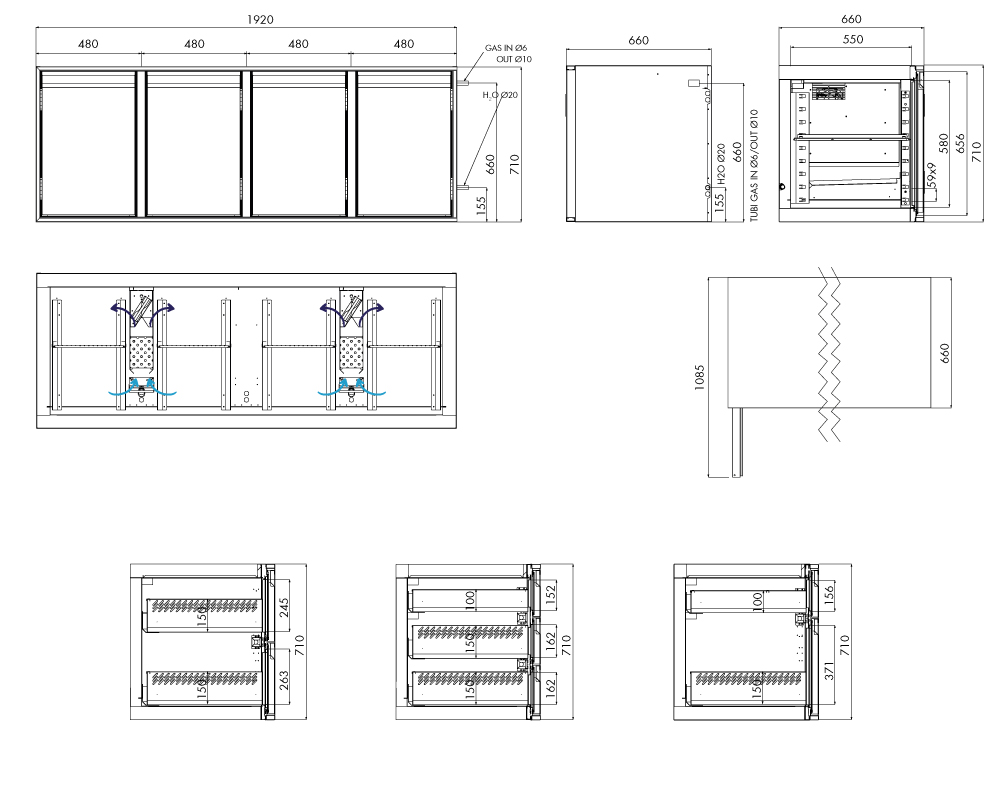 Kühlunterbau GN Premium, 4 Türen, H 710 mm, ohne I-Fach – technische Zeichnung