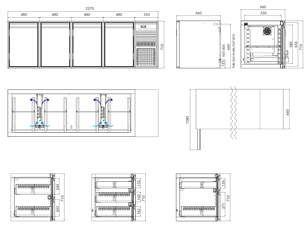 Tiefkühlunterbau GN Premium, 4 Türen, H 710 mm, steckerfertig – technische Zeichnung