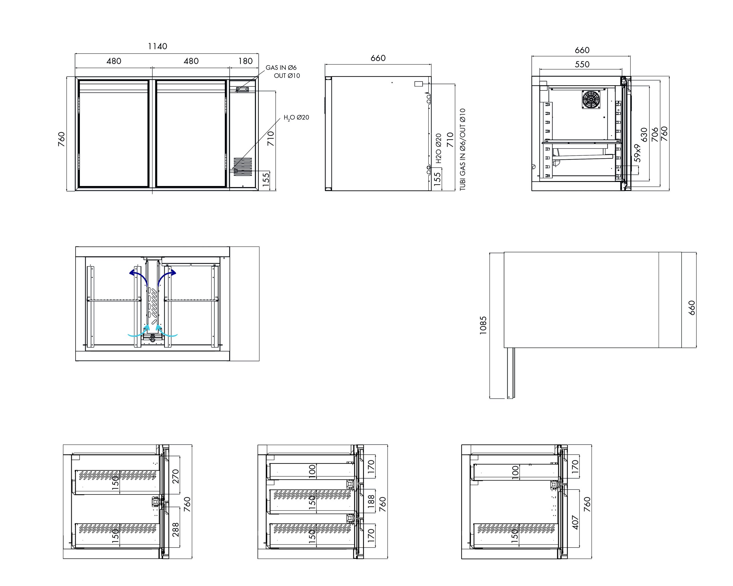 Tiefkühlunterbau GN Premium, 2 Türen, H 760 mm, zentralgekühlt – technische Zeichnung