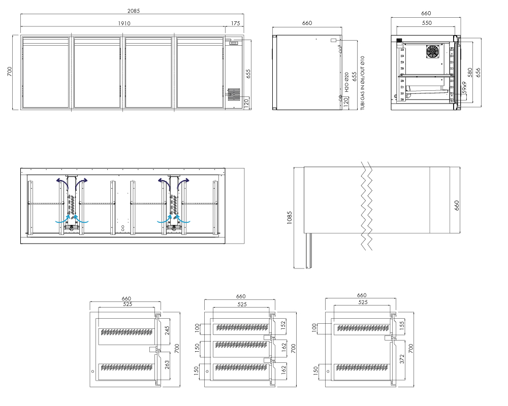 Tiefkühlunterbau GN Premium, 4 Türen, H 700 mm, zentralgekühlt – technische Zeichnung