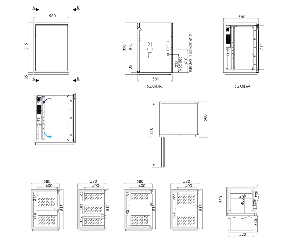 Getränkekühltisch AT, 1 Tür, H 815 × T 580 mm, ohne I-Fach, Breite 580 mm (Verdampfer an der Rückwand) – technische Zeichnung